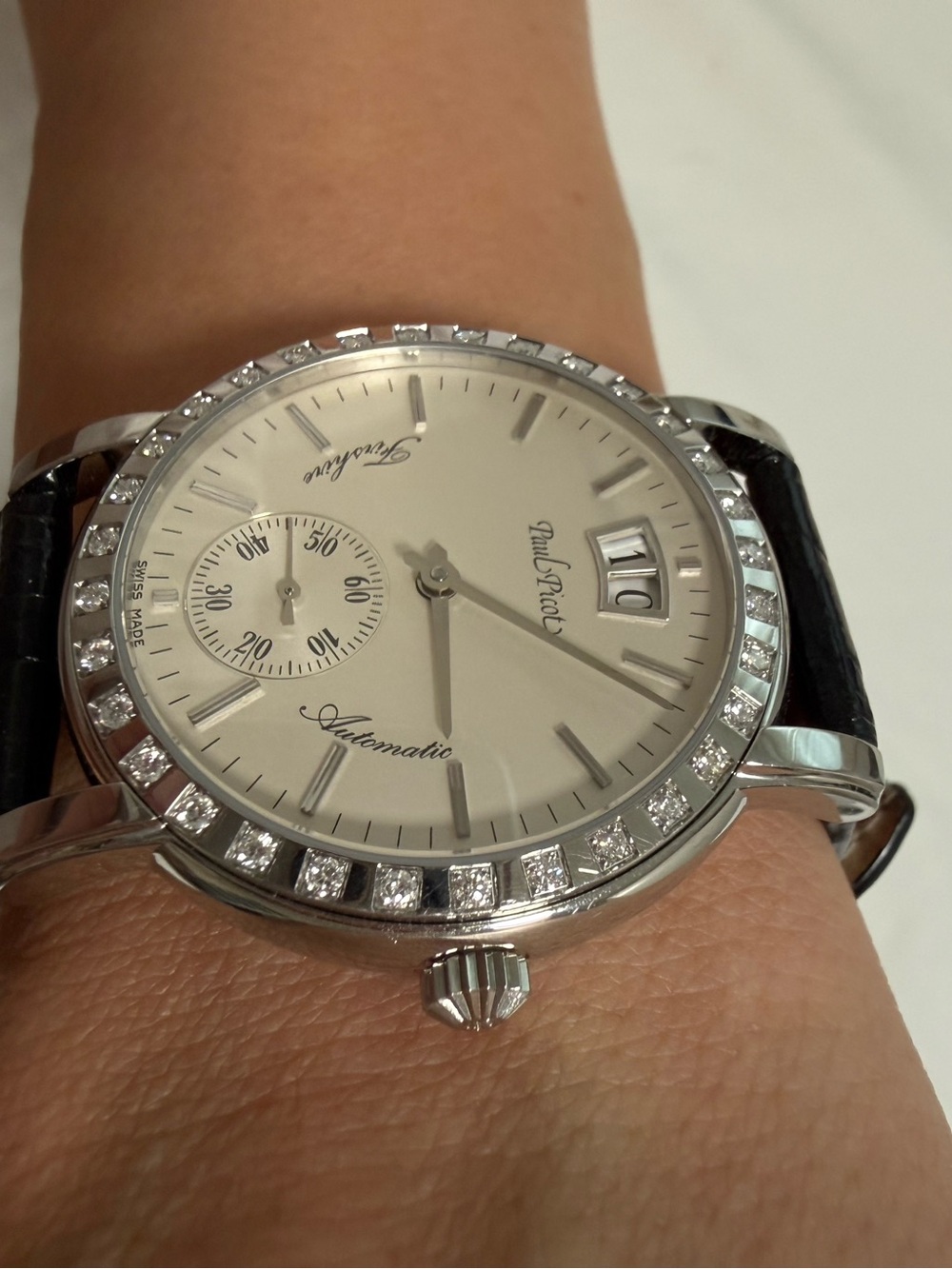 Authentic Paul Picot Swiss Mechanical Diamond Watch with Crocodile Strap